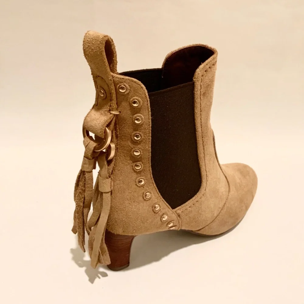See by Chloé Beige Tan Suede Tasseled Studded Chelsea Ankle Boots Boho Booties